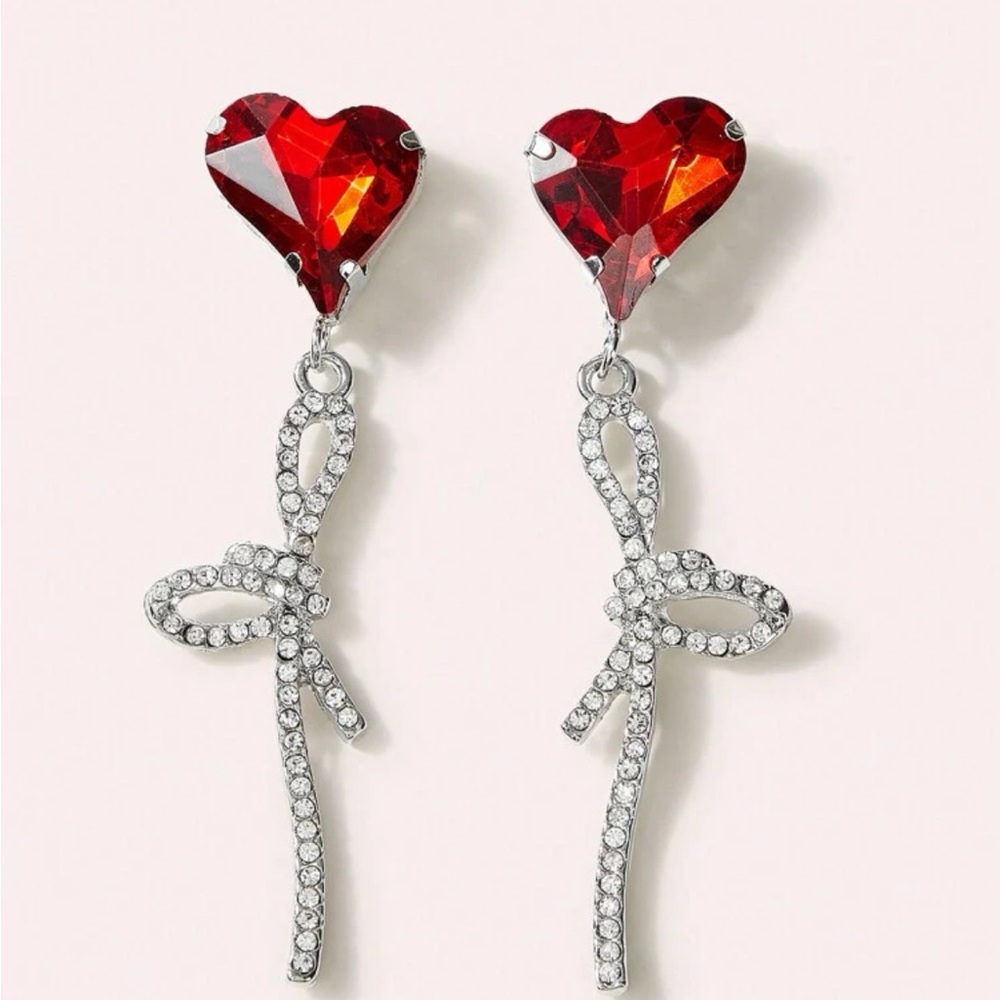 Red heart silver earrings